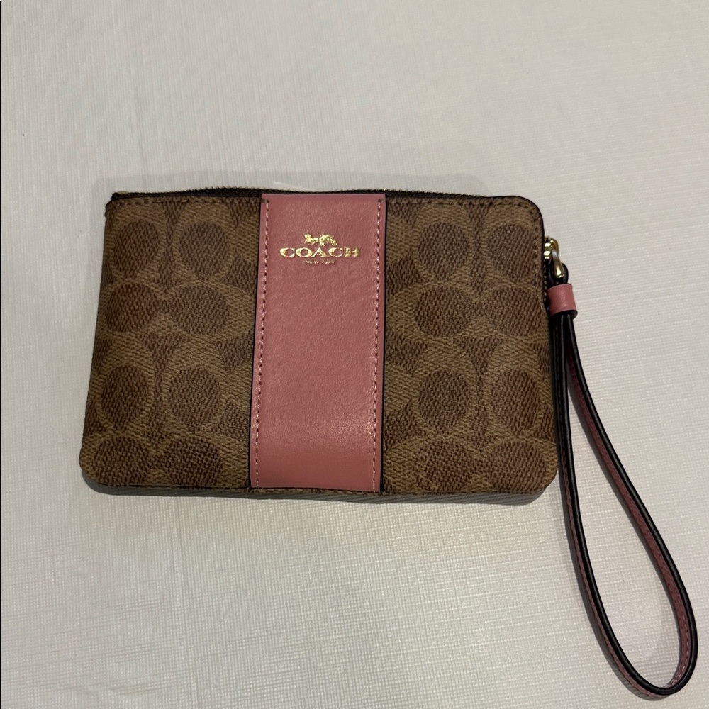 Coach Signature Brown Wristlet with Pink Stripe - Picture 2 of 9